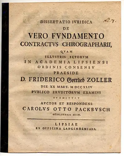 Packbusch, Carl Otto: aus Mühlberg: Juristische Dissertation. De vero fundamento contractus chirographarii. 