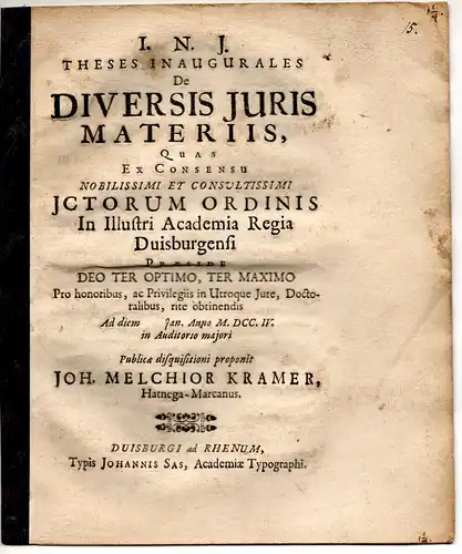 Kramer, Johann Melchior: aus Hatnega: Juristische Inaugural-Disputation. De diversis iuris materiis. 