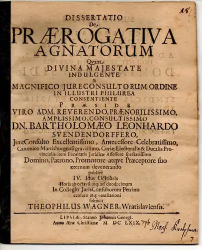 Wagner, Theophil: aus Breslau: Juristische Dissertation. De praerogativa agnatorum. 