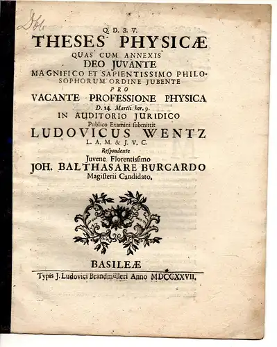 Burcard, Johann Balthasar: Physikalische Disputation. Theses physicae. 