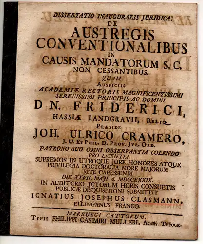 Clasmann, Ignaz Joseph: aus Ellingen: Juristische Inaugural-Dissertation.  De austregis conventionalibus in causis mandatorum s.c. non cessantibus. 