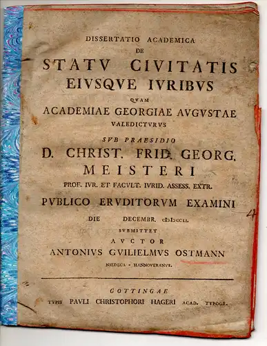 Ostmann, Anton Wilhelm: aus Niedeck: Juristische Disputation. De statu civitatis eiusque iuribus. 