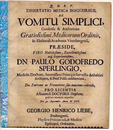 Liebe, Georg Heinrich: aus Freiberg: Medizinische Inaugural-Dissertation. De vomitu simplici. 