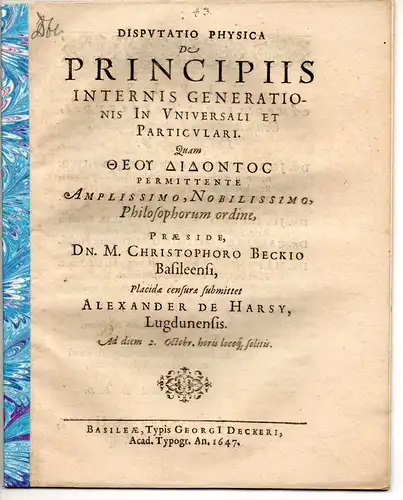 Harsy, Alexander de: Disputatio Physica, de principiis internis generationis in universali et particulari. 