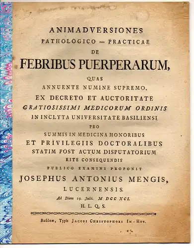 Mengis, Joseph Anton: aus Luzern: Medizinische Dissertation. Animadversiones pathologico-practicae de febribus puerperarum. 