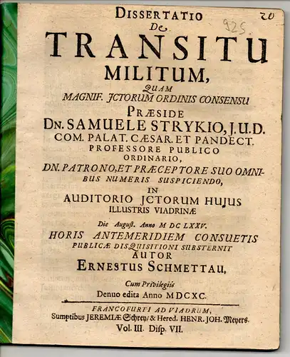 Schmettau, Ernst: Juristische Dissertation. De transitu militum. 