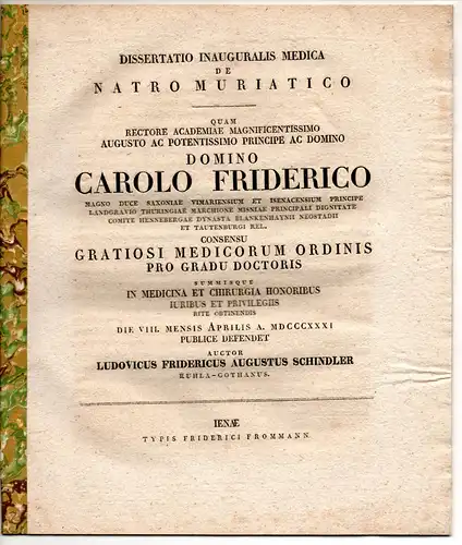 Schindler, Ludwig Friedrich August: aus Ruhla: De natro muriatico. Dissertation. 