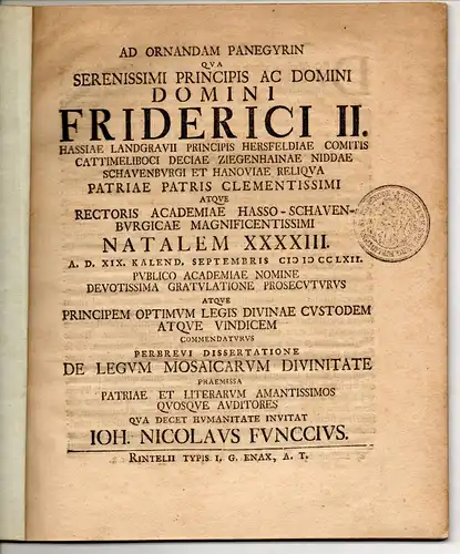 Funccius (Funck), Johann Nikolaus: De legum mosaicarum divinitate. Universitätsprogramm. 