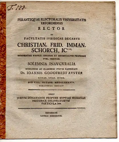 Schorch, Christian Friedrich Immanuel: Iurium donationis propter nuptias Romanae historice delieatorum particula prima. Promotionsankündigung von Johann Gottfried Auster aus Zittau. 