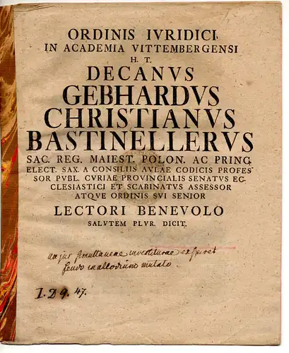 Bastineller, Gebhard Christian: (De successione in feuda). Promotionsankündigung von Christian Gottlieb Seebach aus Wittenberg. 