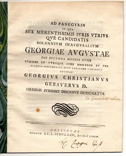 Gebauer, Georg Christian: (De cerimoniarum natura atque iure). Einladungsprogramm anläßlich der Inauguraldisputation von Friedrich Christian Neubauer, Johannes Christian Unger, Christian Ludwig Scheid, Heinrich Eitzen, Johann.. 