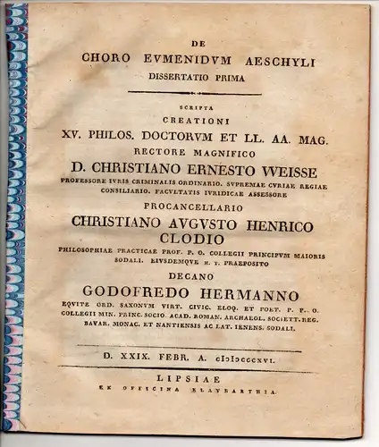 Hermann, Gottfried: De Choro Eumenidum Aeschyli, disserattio prima et II. 