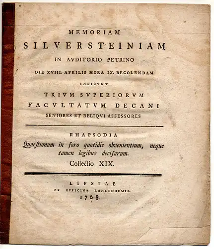 Hommel, Carl Ferdinand: Rhapsodia quaestionum in foro quotidie obvenientium, neque tamen legibus decisarum, collectio 19. Universitätsprogramm. 