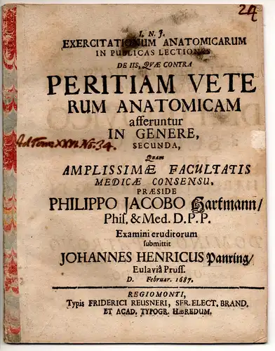 Panring, Johann Heinrich: aus Eulau: Exercitationum anatomicarum in publicas lectiones de iis quae contra peritiam Veterum anatomicam afferuntur in genere, secunda. 