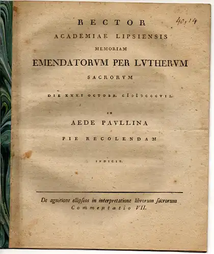 (Wolf, Johann August): De agnitione ellipseos in interpretatione librorum sacrorum, Commentat. VII. Universitätsprogamm. 