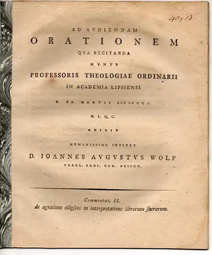 Wolf, Johann August: De agnitione ellipseos in interpretatione librorum sacrorum, Commentat. II. Universitätsprogamm. 