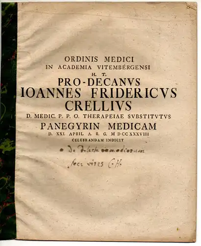 Crell, Johann Friedrich: Promotionsankündigung von Ludwig Christian Pezolt aus Eisleben. 