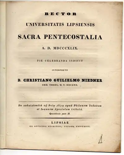 Niedner, Christian Wilhelm: De subsistentia to theio Logo apud Philonem Iudaeum et Ioannem Apostolum tributâ ; Quaestionis pars 2. Universitätsprogramm. 