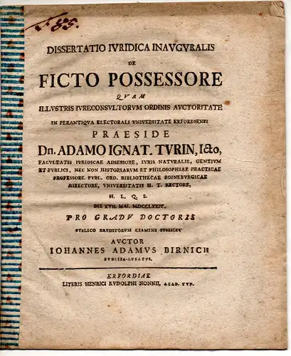 Birnich, Johann Adam: aus Bautzen: Juristische Inaugural-Dissertation. De ficto possessore. 