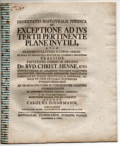 Dienemann, Carl: aus Lößnitz: Juristische Inaugural-Dissertation. De exceptione ad ius tertii pertinente plane inutili. 