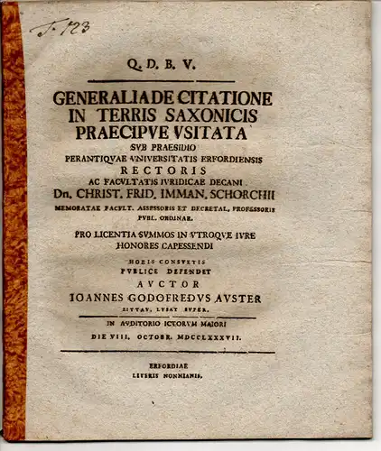 Auster, Johann Gottfried: aus Zittau: Juristische Dissertation. Generalia de citatione in terris Saxonicis praecipue usitata. 