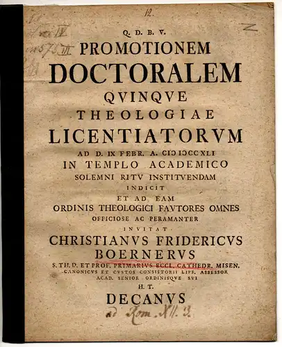 Börner, Christian Friedrich: Promotionem doctoralem quinque theologiae licentiatorum. Universitätsprogramm. 