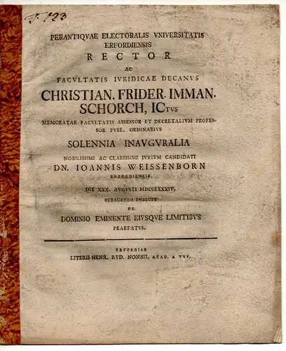 Schorch, Christian Friedrich Immanuel: De dominio eminente eiusque limitibus. Promotionsankündigung von Johann Weissenborn aus Erfurt. 