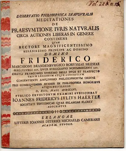 Härter, Johann Friedrich Julius: Philosophische Inaugural-Dissertation. De Praesumtione Iuris Naturalis Circa Actiones Liberas In Genere Continens. 