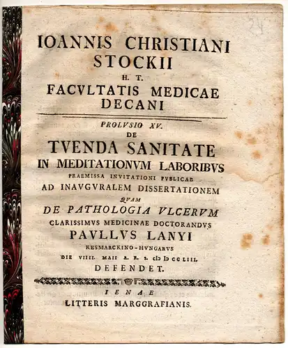 Stock, Johann Christian: De tuenda sanitate in meditationum laboribus, proclusio XV. Promotionsankündigung von Pal Lanyi aus Kesmark/Ungarn. 