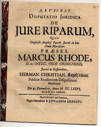 Kegel, Herman Christian: aus Hildesheim: Juristische Disputation. De iure riparum. 