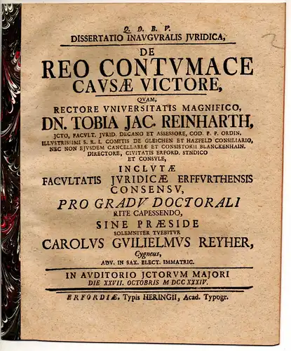 Reyher, Carl Wilhelm: aus Zwickau: Juristische Inaugural-Dissertation. De reo contumace causae victore. 