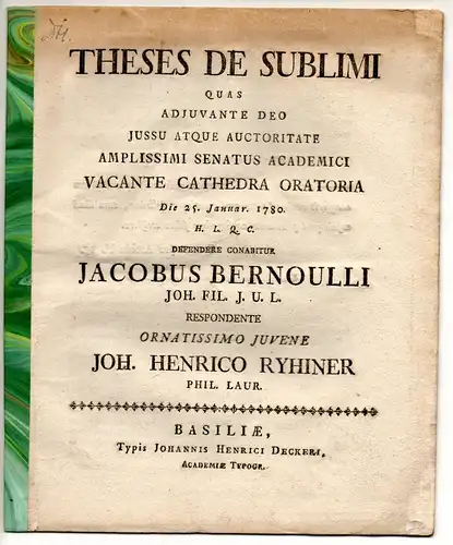 Bernoulli, Jakob; Ryhiner, Johann Heinrich: Theses de sublimi. Antrittsvorlesung. 