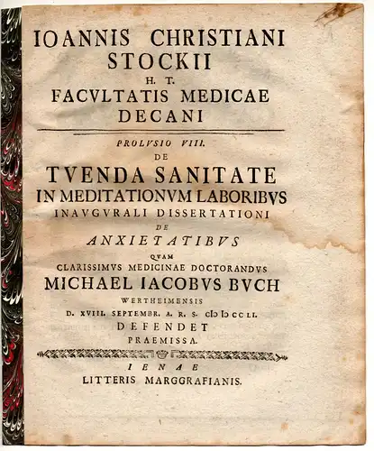 Stock, Johann Christian: De tuenda sanitate in meditationum laboribus, proclusio VIII. Promotionsankündigung von Michael Jakob Buch aus Wertheim. 