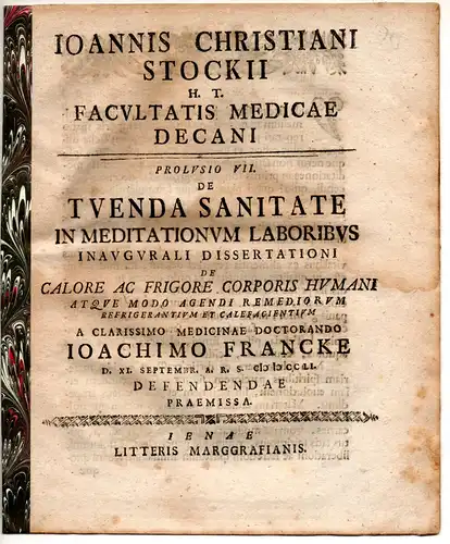 Stock, Johann Christian: De tuenda sanitate in meditationum laboribus, proclusio VII. Promotionsankündigung von Joachim Francke. 