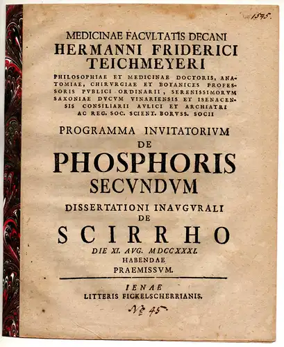 Teichmeyer, Hermann Friedrich: De phosphoris secundum. Promotionsankündigung von Gustav Adolf Grantz aus Grabow. 