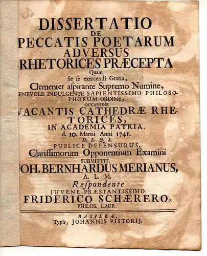 Schärer, Friedrich: Philosophische Dissertation. De peccatis poetarum adversus rhetorices praecepta. 