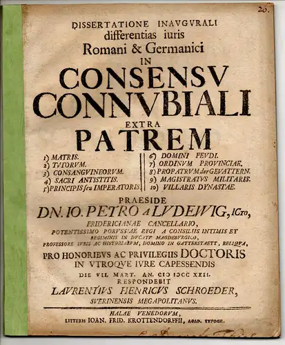 Schröder, Lorenz Heinrich: aus Schwerin: Dissertatione Inaugurali differentias iuris Romani & Germanici In Consensu Connubiali Extra Patrem 1) Matris. 2) Tutorum. 3) Consanguineorum. 4) Sacri.. 