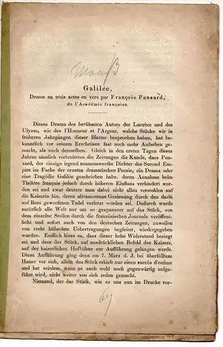 Maass, M: Galilée : Drama en trois actes en vers par Francois Ponsard de l'Academie francaise. Sonderdruck aus: Archiv für das Studium der neueren Sprachen und Literaturen 40, 21-44. 