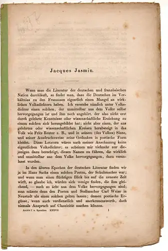 Giovanoly, André: Jacques Jasmin. Sonderdruck aus: Archiv für das Studium der neueren Sprachen und Literaturen 37, 1-10. 