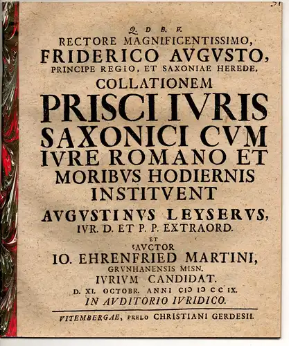 Martini, Johannes Ehrenfried: aus Grünhainichen: Juristische Disputation. Collationem prisci iuris Saxonici cum iure Romano et moribus hodiernis. 