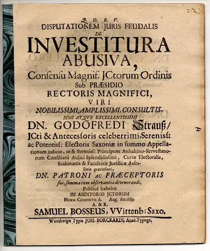 Bosse, Samuel: aus Wittenberg: Juristische Disputation. De investitura abusiva. 