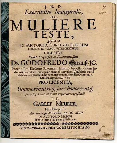 Meurer, Garlef: aus Hamburg: Juristische Inaugural-Disputation. De muliere teste. 