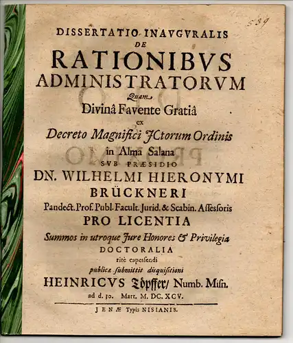 Toepffer, Heinrich: aus Naumburg: Juristische Inaugural-Dissertation. De rationibus administratorum. 