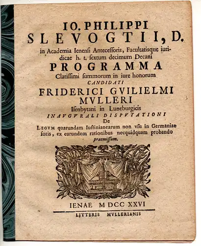 Slevogt, Johann Philipp: Promotionsankündigung von Friedrich Wilhelm Müller. 