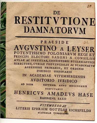 Hase, Heinrich Amadeus: Juristische Disputation. De restitutione damnatorum. 