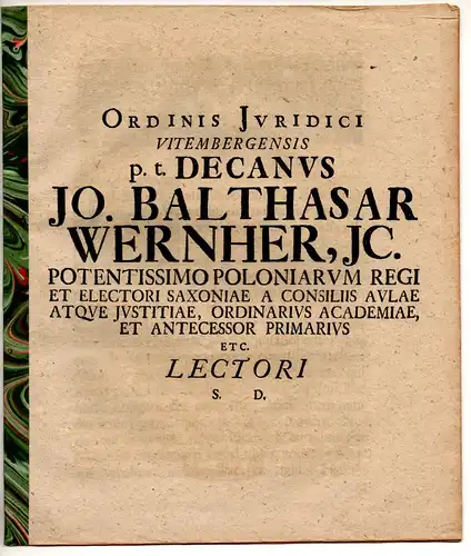 Wernher, Johann Balthasar von: De iure ex acceptatione promissi pro altero facta. Promotionsankündigung von Christoph Gottlieb Wenzel aus Dresden. 