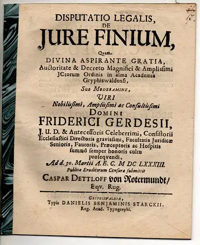 Rotermundt, Caspar Detlef von: Rügen: Juristische Disputation. De iure finium. 