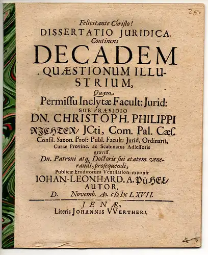 Pühel, Johann Leonhard von: Juristische Dissertation. Decadem quaestionum illustrium. 