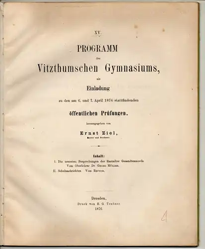 Müller, Georg: Die neuesten Besprechungen des Rastadter Gesandtenmords. Programm des Vitzthumschen Gymnasiums; beigebunden: Schulnachrichten. 