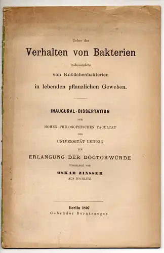 Zinsser, Oskar: aus Rochlitz: Ueber das Verhalten von Bakterien insbesondere von Knöllchenbakterien in lebenden pflanzlichen Geweben. Dissertation. 